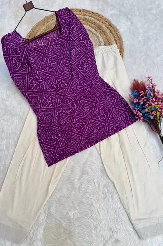 Purple bandhej print cotton top with bottom set