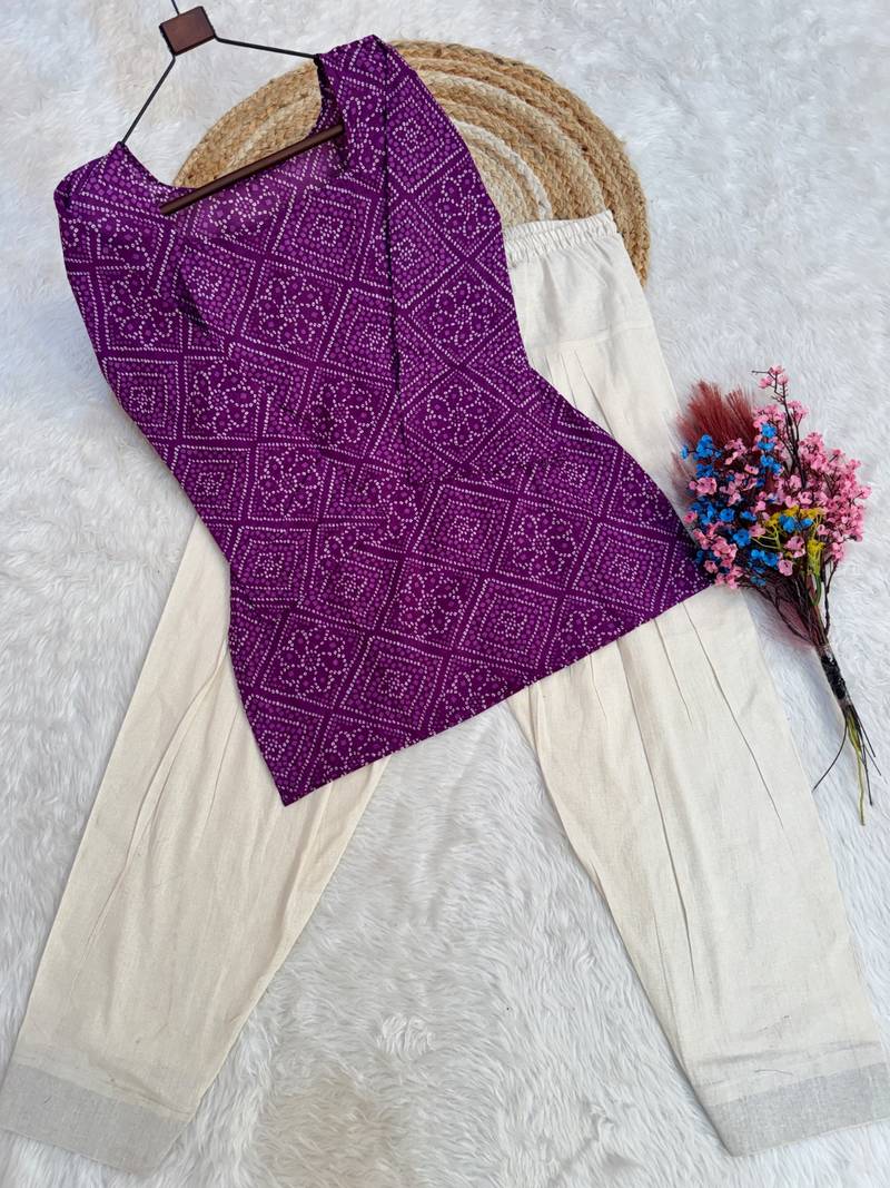 Purple bandhej print cotton top with bottom set
