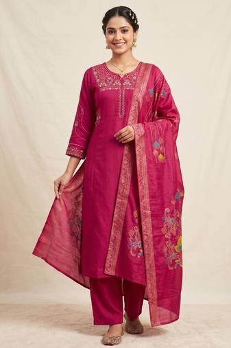 Embroidered rani mango silk kurti, plazo & dupatta set