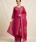 Embroidered rani mango silk kurti, plazo & dupatta set