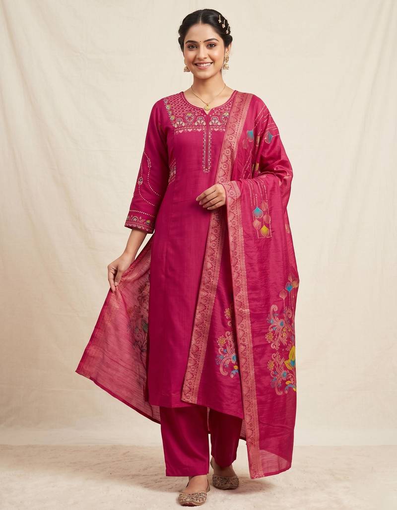 Embroidered rani mango silk kurti, plazo & dupatta set