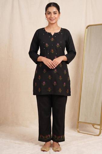 Designer embroidered black rayon co-ord set for women