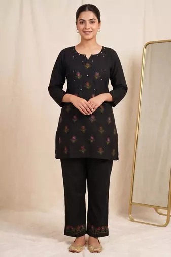 Designer embroidered black rayon co-ord set for women