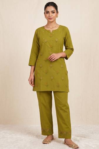 Designer embroidered green rayon co-ord set for women