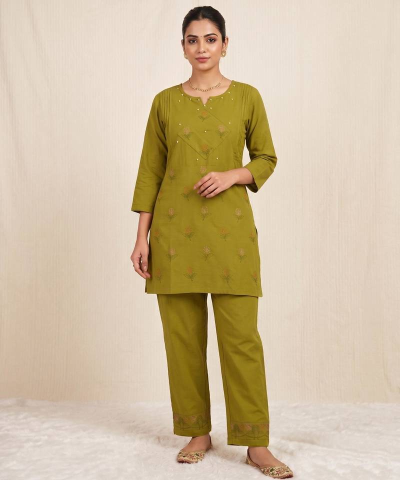 Designer embroidered green rayon co-ord set for women