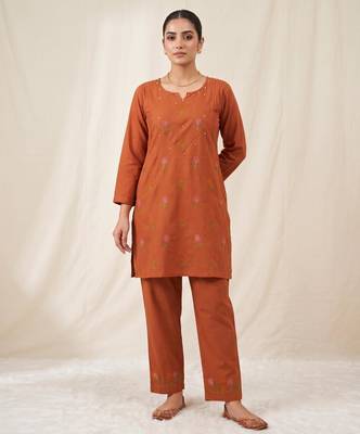 Designer embroidered orange rayon co-ord set for women 1