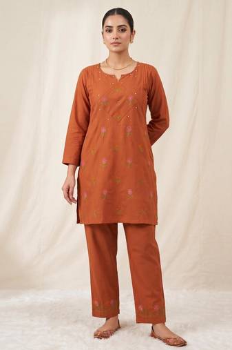 Designer embroidered orange rayon co-ord set for women