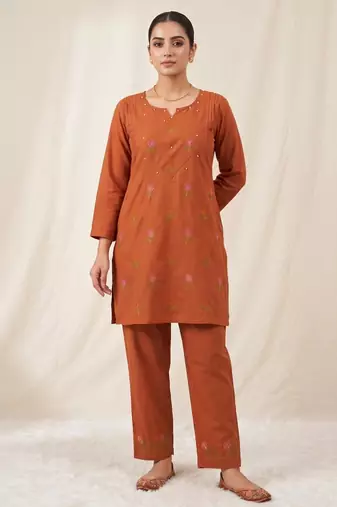 Designer embroidered orange rayon co-ord set for women
