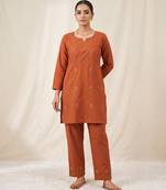 Designer embroidered orange rayon co-ord set for women