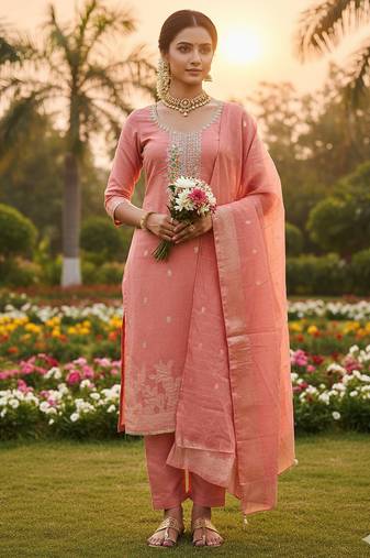 pink weaved dani cotton unstitched dress material 