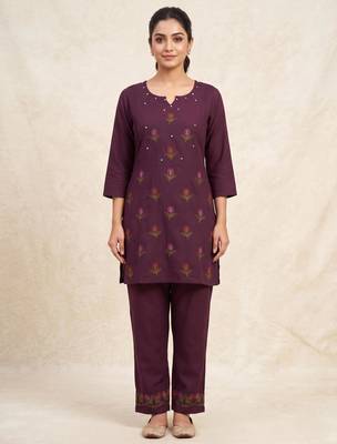 Designer embroidered wine rayon co-ord set for women 1