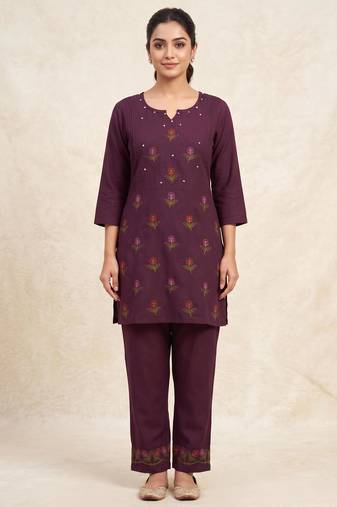 Designer embroidered wine rayon co-ord set for women