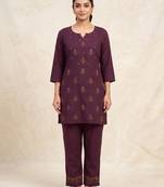 Designer embroidered wine rayon co-ord set for women