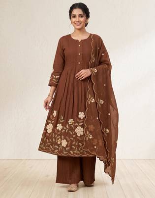  cotton designer brown anarkali kurti set with embroidery dupatta 1