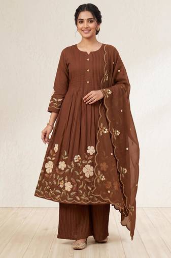  cotton designer brown anarkali kurti set with embroidery dupatta