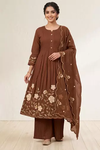  cotton designer brown anarkali kurti set with embroidery dupatta