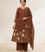  cotton designer brown anarkali kurti set with embroidery dupatta