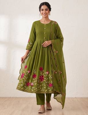  cotton designer green anarkali kurti set with embroidery dupatta 1