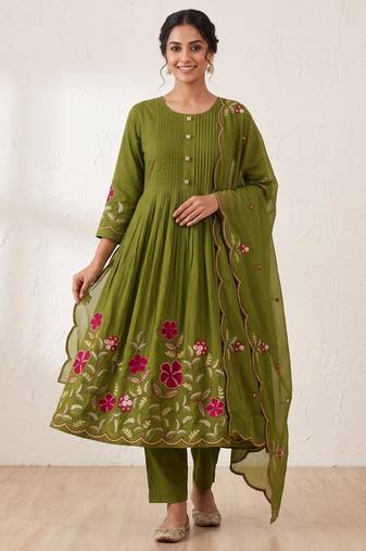  cotton designer green anarkali kurti set with embroidery dupatta