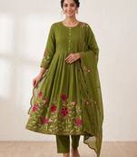  cotton designer green anarkali kurti set with embroidery dupatta