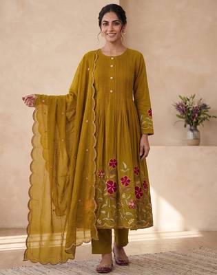  cotton designer mustard anarkali kurti set with embroidery dupatta 1