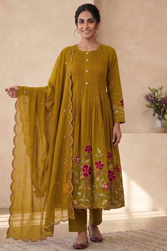  cotton designer mustard anarkali kurti set with embroidery dupatta