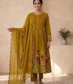  cotton designer mustard anarkali kurti set with embroidery dupatta