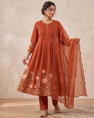  cotton designer orange anarkali kurti set with embroidery dupatta 1