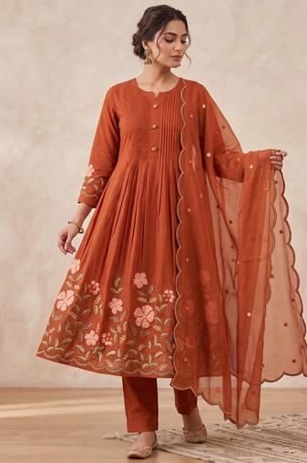  cotton designer orange anarkali kurti set with embroidery dupatta