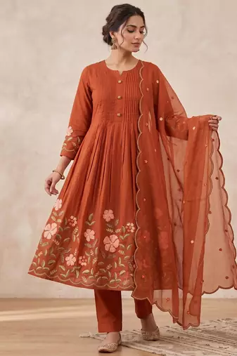  cotton designer orange anarkali kurti set with embroidery dupatta