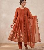  cotton designer orange anarkali kurti set with embroidery dupatta