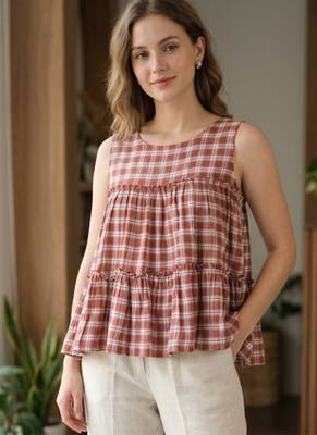 Maroon checks printed linen cotton top with bottom set 5
