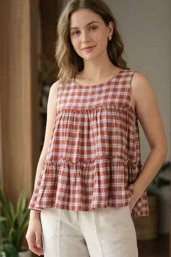 Maroon checks printed linen cotton top with bottom set