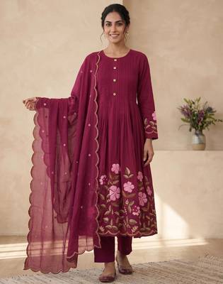  cotton designer rani anarkali kurti set with embroidery dupatta 1