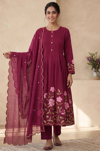  cotton designer rani anarkali kurti set with embroidery dupatta