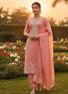 pink weaved dani cotton unstitched dress material  3
