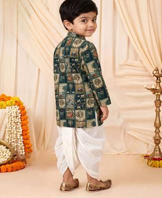 Boys teal mughal art print kurta & dhoti set 3