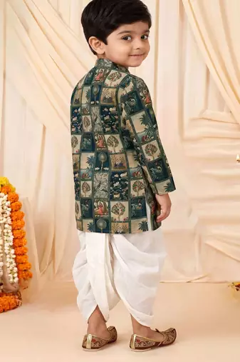 Boys teal mughal art print kurta & dhoti set