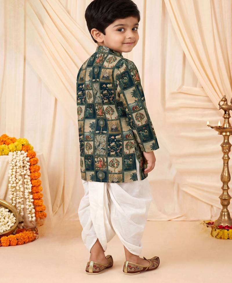Boys teal mughal art print kurta & dhoti set