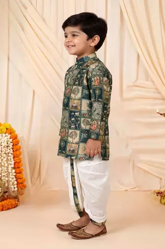 Boys teal mughal art print kurta & dhoti set