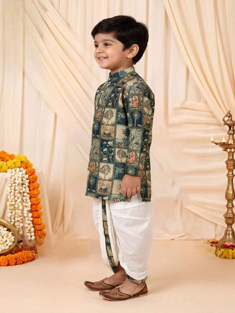 Boys teal mughal art print kurta & dhoti set