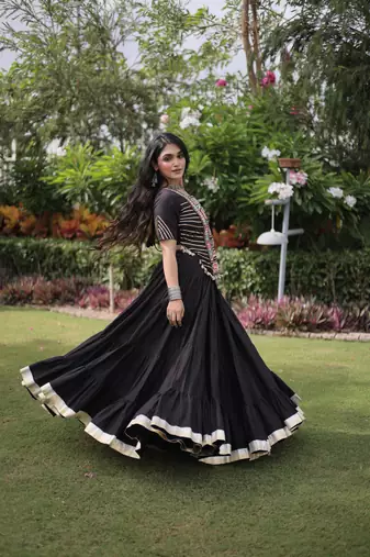 Black Kora Cotton Navratri Lehenga Choli with Kutchi Patch Work | Fully Stitched Chaniya Choli for Navratri