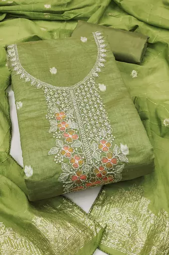 green weaved dani cotton unstitched dress material 