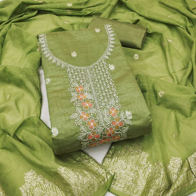green weaved dani cotton unstitched dress material 