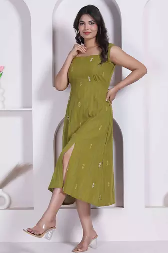 Miravan womens abstract printed green a line maxi dress