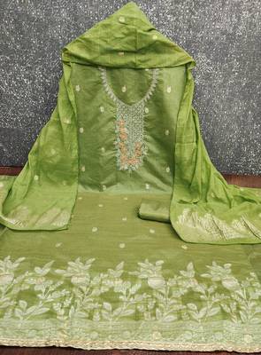 green weaved dani cotton unstitched dress material  2