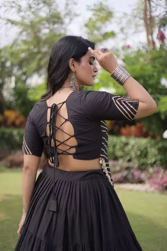 Black Kora Cotton Navratri Lehenga Choli with Kutchi Patch Work | Fully Stitched Chaniya Choli for Navratri