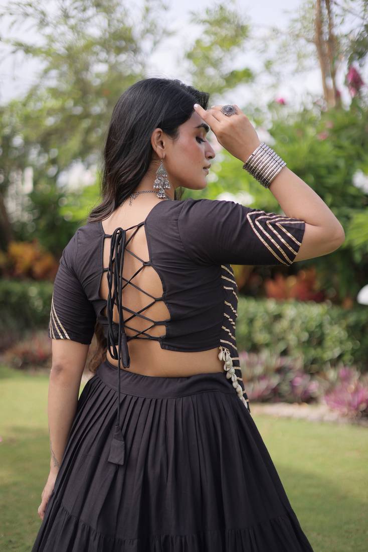 Black Kora Cotton Navratri Lehenga Choli with Kutchi Patch Work | Fully Stitched Chaniya Choli for Navratri