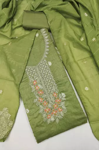 green weaved dani cotton unstitched dress material 