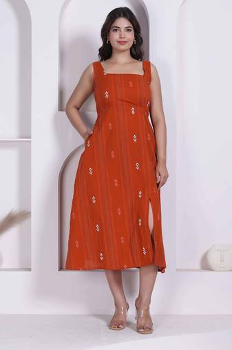 Miravan womens abstract printed rust a line maxi dress